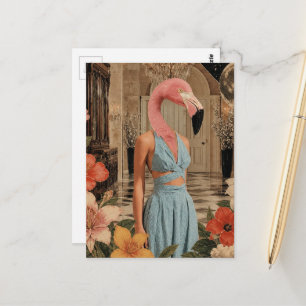 Flamingo Woman Wearing Blue Surreal Postcard