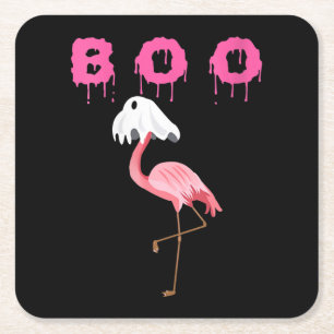 Flamingo Womens Flamingo Boo Ghost Halloween Square Paper Coaster