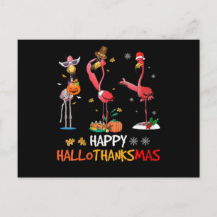 Flamingo Womens Flamingo Happy HalloThanksmas Announcement Postcard