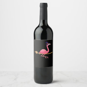 Flamingo Womens Funny Flamingo Witch Halloween Wine Label