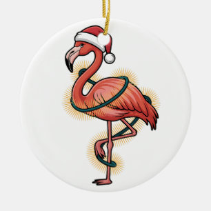 Flamingo Wrapped In Christmas Light Pink Bird Ceramic Ornament