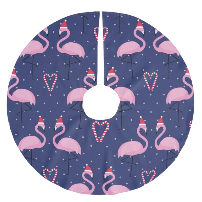 Flamingo Xmas Hat Candy Pattern Brushed Polyester Tree Skirt (Front)