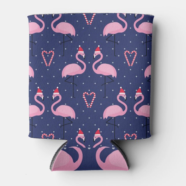 Flamingo Xmas Hat Candy Pattern Can Cooler (Front)