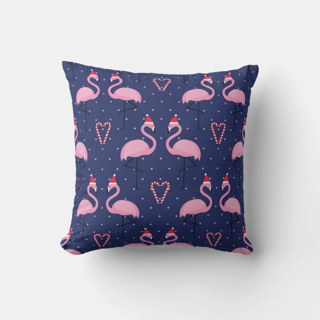 Flamingo Xmas Hat Candy Pattern Cushion (Front)