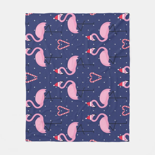 Flamingo Xmas Hat Candy Pattern Fleece Blanket (Front)