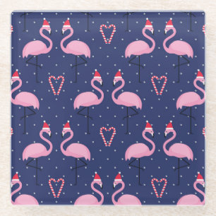 Flamingo Xmas Hat Candy Pattern Glass Coaster
