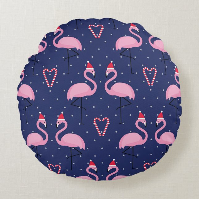 Flamingo Xmas Hat Candy Pattern Round Cushion (Front)