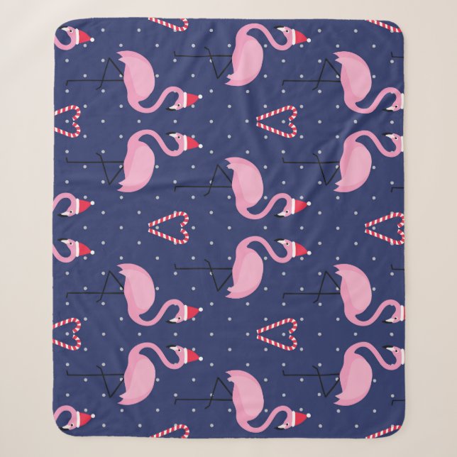 Flamingo Xmas Hat Candy Pattern Sherpa Blanket (Front)