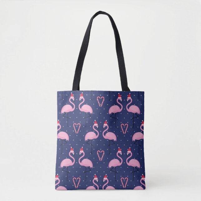 Flamingo Xmas Hat Candy Pattern Tote Bag (Front)