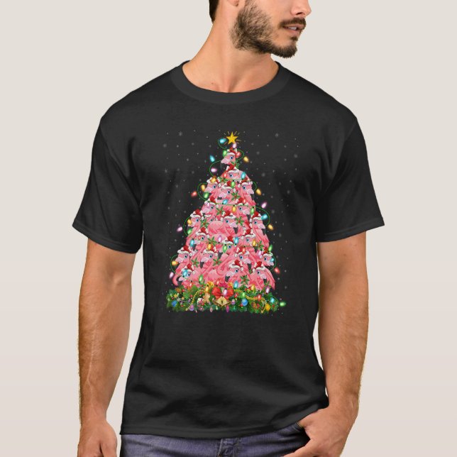 Flamingo  Xmas Lights Santa Flamingo Christmas Tre T-Shirt (Front)
