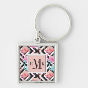Flamingoes on Bold Design Pattern Key Ring