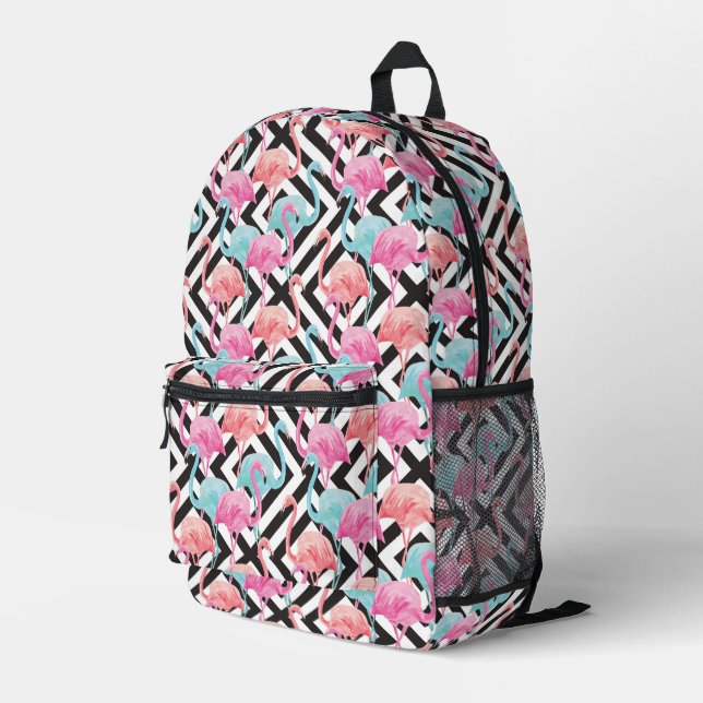 Flamingoes on Bold Design Pattern Printed Backpack (Back Corner Right)