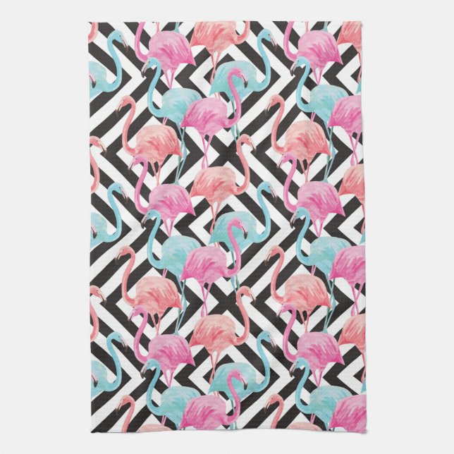 Flamingoes on Bold Design Pattern Tea Towel (Vertical)