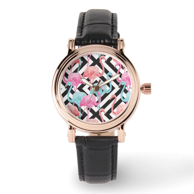 Flamingoes on Bold Design Pattern Watch (Front)