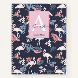 Flamingoes tropical leaves patterned Monogrammed  Notebook