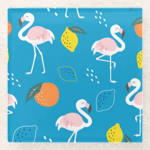 Flamingos, abstract tropical fruits, trendy patter glass coaster