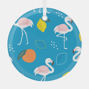 Flamingos, abstract tropical fruits, trendy patter glass tree decoration