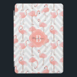 Flamingos and Chevrons Pattern with Monogram iPad Pro Cover<br><div class="desc">Cheerful and whimsical,  this trendy design is covered in a pattern of pink flamingos over a light grey-beige and white chevron zig-zag stripes pattern. A matching decorative frame contains your desired monogram and name.</div>