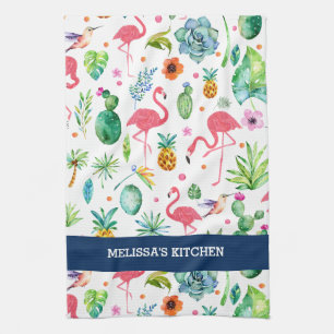 Flamingos And Colourful Tropical Pattern Tea Towel
