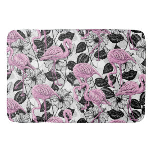 Flamingos and hibiscus flowers bath mat