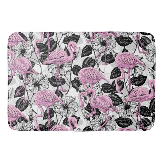 Flamingos and hibiscus flowers bath mat (Front)