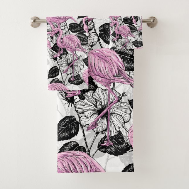 Flamingos and hibiscus flowers bath towel set (Insitu)