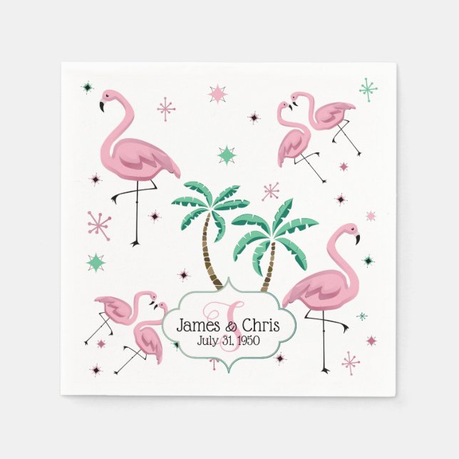 Flamingos and Palm Trees Atomic Style Monogram Napkin (Front)