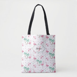 Flamingos and Palm Trees Atomic Style Monogram Tote Bag
