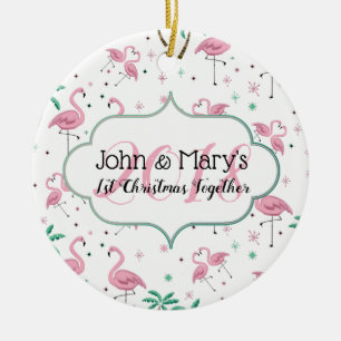 Flamingos and Palm Trees First Christmas Monogram Ceramic Ornament