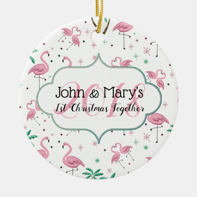 Flamingos and Palm Trees First Christmas Monogram Ceramic Ornament (Front)
