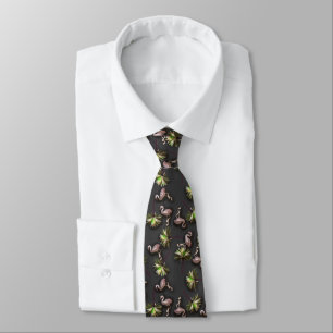 Flamingos And Palm Trees On Black Tie