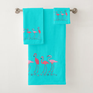 Flamingos and Sea Stars Aqua Blue Bath Towel Set