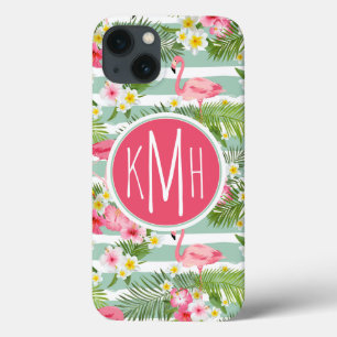 Flamingos And Stripes   Monogram iPhone 13 Case