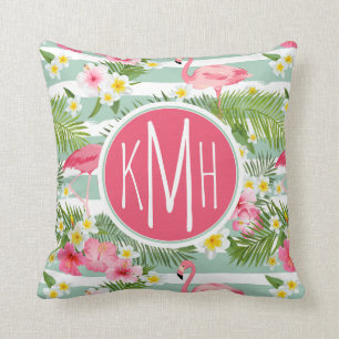 Flamingos And Stripes Monogram Cushion