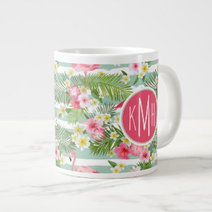 Flamingos And Stripes   Monogram Large Coffee Mug