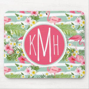 Flamingos And Stripes Monogram Mouse Pad