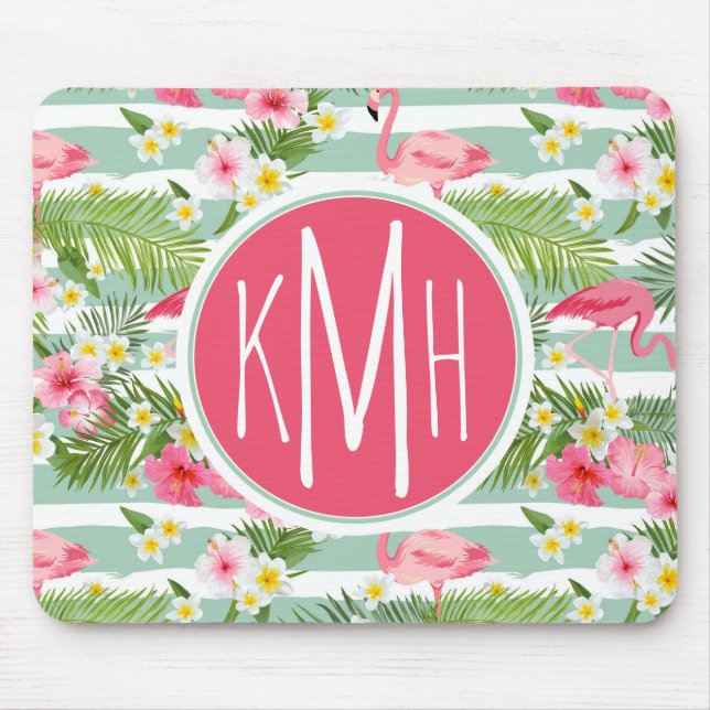 Flamingos And Stripes | Monogram Mouse Pad (Front)