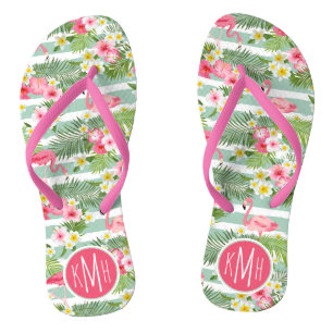 Flamingos And Stripes Monogram Thongs