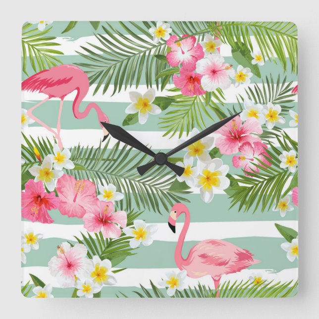 Flamingos And Stripes Square Wall Clock (Front)