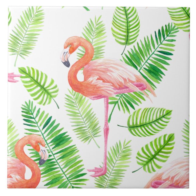 Flamingos and tropical leaves ceramic tile (Front)