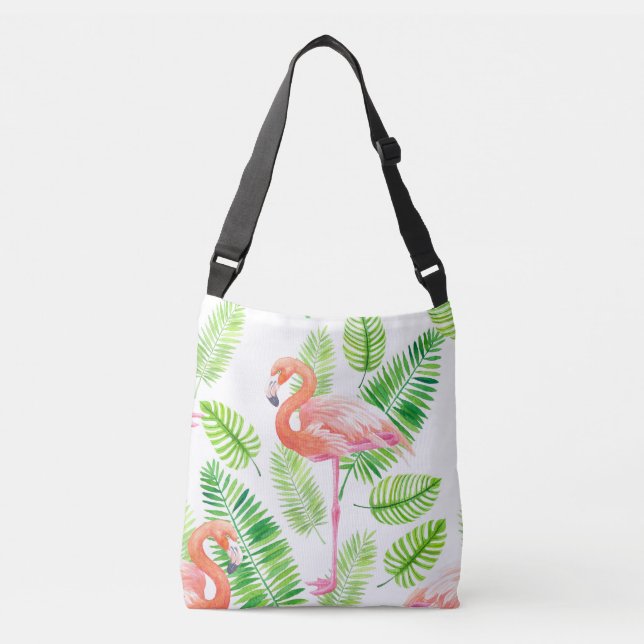 Flamingos and tropical leaves crossbody bag (Front)