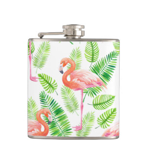 Flamingos and tropical leaves hip flask