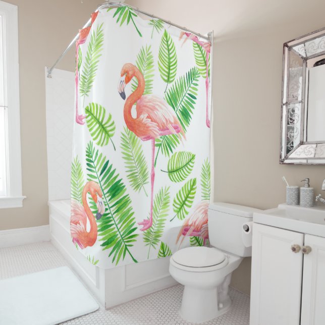 Flamingos and tropical leaves shower curtain (In Situ)