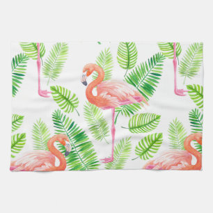 Flamingos and tropical leaves tea towel