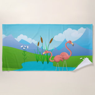 Flamingos at the Pond Beach Towel