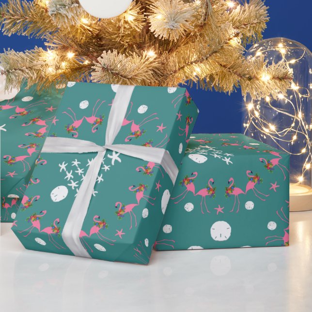 Flamingos Beach Christmas Tree Blue Gift Wrap (Holidays)
