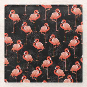 Flamingos Birds: Vintage Textile Design Glass Coaster