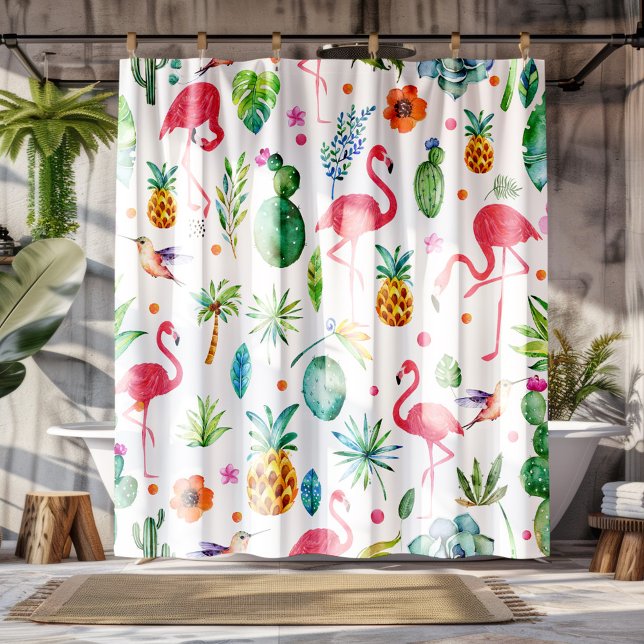 Flamingos Cactus & Pineapple Seamless Pattern Shower Curtain (Creator Uploaded)