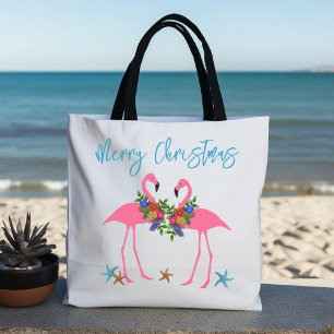 Flamingos Christmas Greeting Blue Starfish Tote Bag