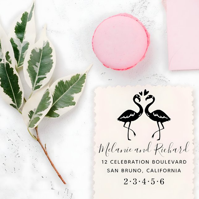 Flamingos Custom Names Wood Wedding Return Address Rubber Stamp (Creator Uploaded)